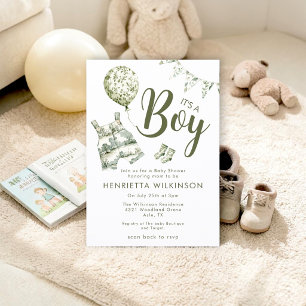 Invitación de Baby Shower Verde Toile de Jouy Niño