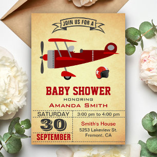 Invitación de Baby Shower Vintage Avión Rojo