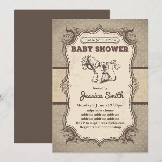 Invitación de BABY SHOWER vintage - caballo de jug (Anverso / Reverso)