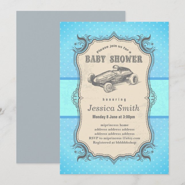 Invitación de BABY SHOWER vintage - coche de carre (Anverso / Reverso)