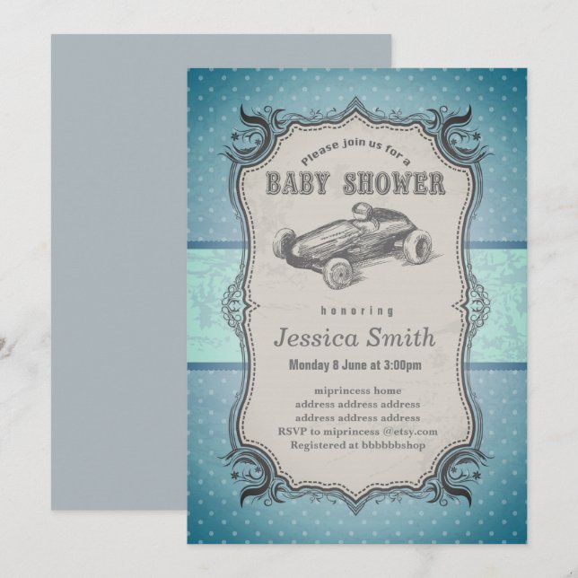 Invitación de BABY SHOWER vintage - coche de carre (Anverso / Reverso)
