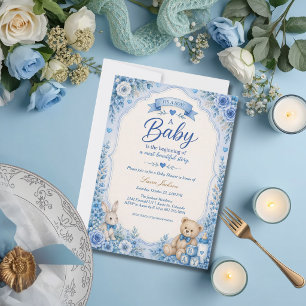 Invitación de baby shower vintage de oso de cuento