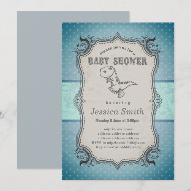 Invitación de BABY SHOWER vintage - dinosaurio (Anverso / Reverso)