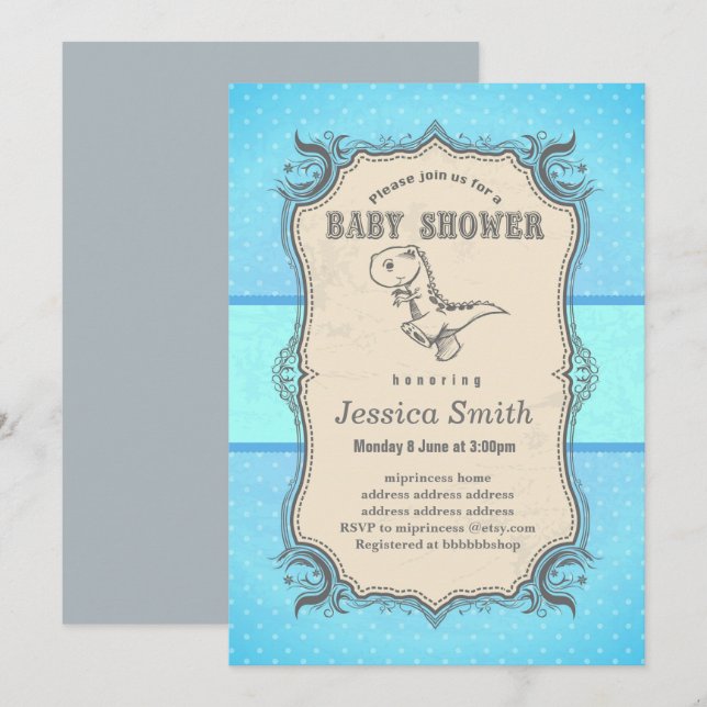 Invitación de BABY SHOWER vintage - dinosaurio (Anverso / Reverso)