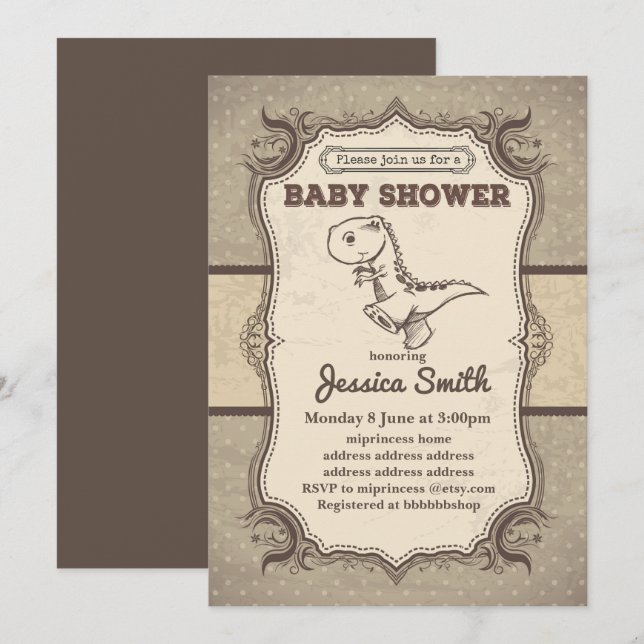 Invitación de BABY SHOWER vintage - dinosaurio (Anverso / Reverso)