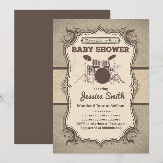 Invitación de BABY SHOWER vintage - tambor musical (Anverso / Reverso)