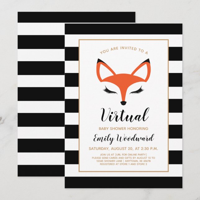 Invitación de baby shower virtual con cara de zorr (Anverso / Reverso)