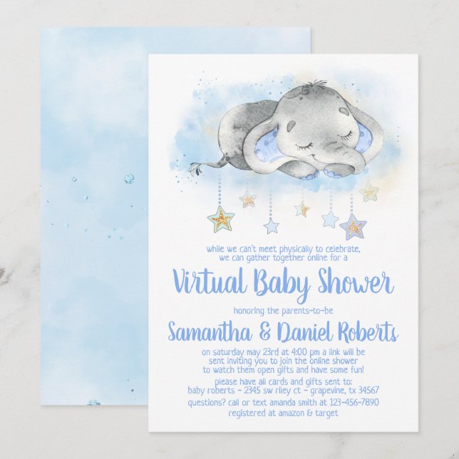 Invitación de baby shower virtual de elefante niño (Anverso / Reverso)