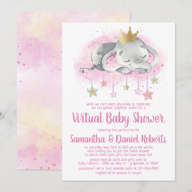 Invitación de Baby Shower Virtual Princesa Elefant (Anverso / Reverso)