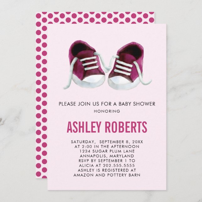 Invitación de baby shower Zapatillas rosas, Bebé N (Anverso / Reverso)