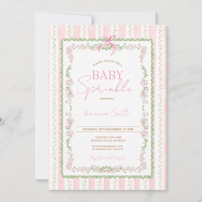 Invitación de Baby Sprinkle con Cinta Floral Rosa (Anverso)