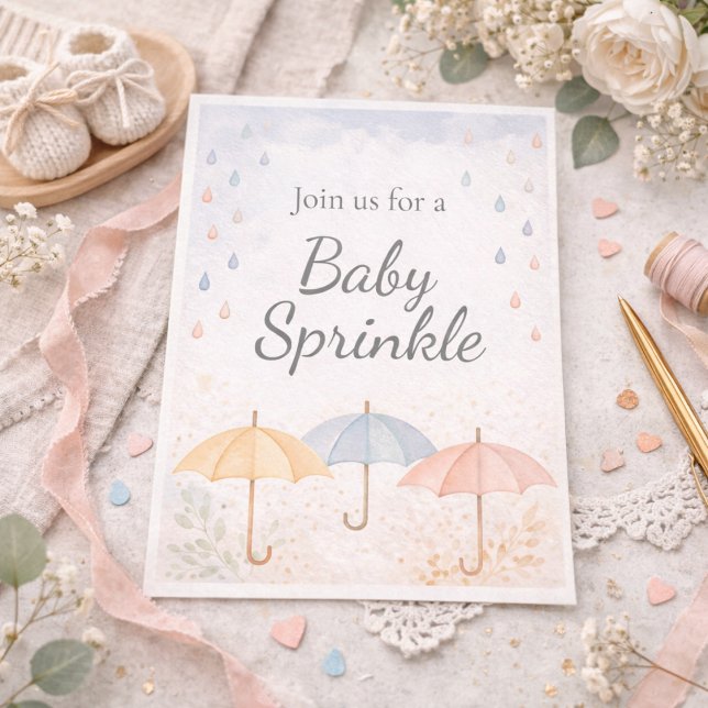 Invitación de Baby Sprinkle con Paraguas (Soft pastel umbrellas and raindrops set a gentle scene for a sweet baby sprinkle)