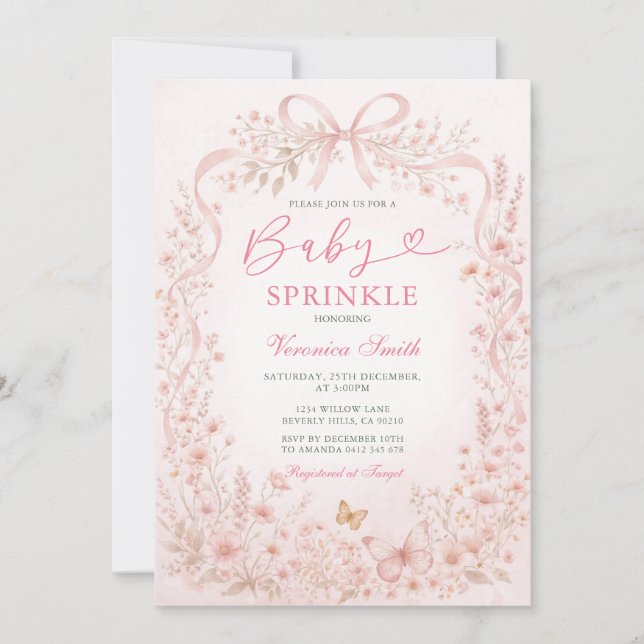 Invitación de baby sprinkle de mariposa de flor si (Anverso)