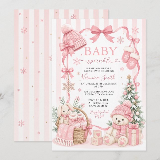 Invitación de Baby Sprinkle de oso rosa de inviern (Anverso / Reverso)