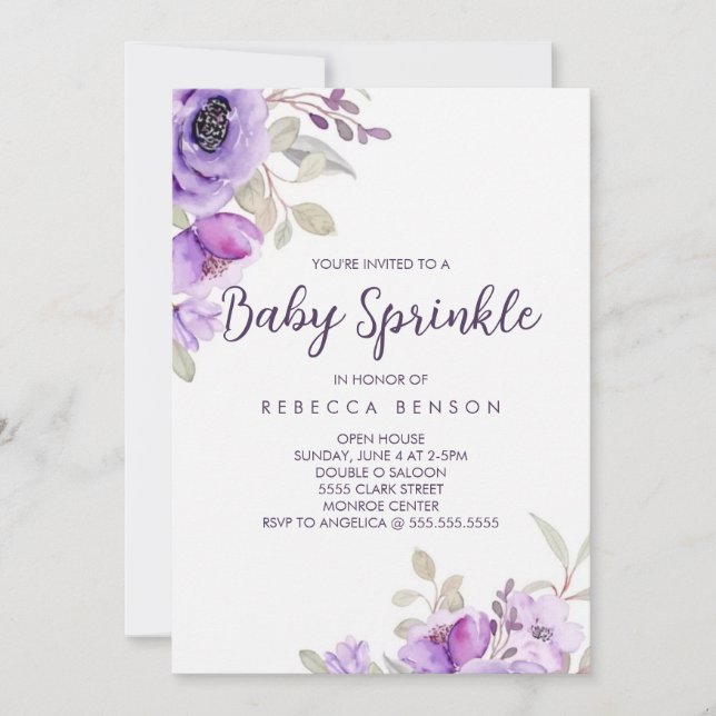 Invitación de Baby Sprinkle Diseño Floral Púrpura (Anverso)