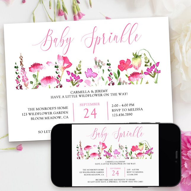 Invitación de Baby Sprinkle Flor Silvestre Rosa Bo (Baby Sprinkle Little Wildfower Baby Shower Invitation from my Pink Wildflower Collection)