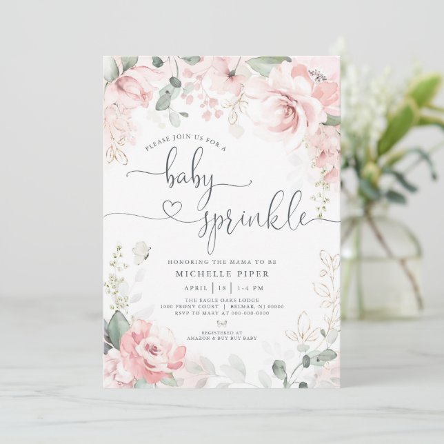 Invitación de baby sprinkle floral rosa, bebé de p (Anverso de pie)