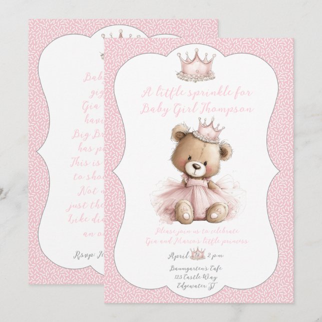 Invitación de Baby Sprinkle Osito Princesa (Anverso / Reverso)