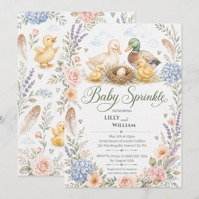 Invitación de Baby Sprinkle para dos hermanos de l (Anverso / Reverso)