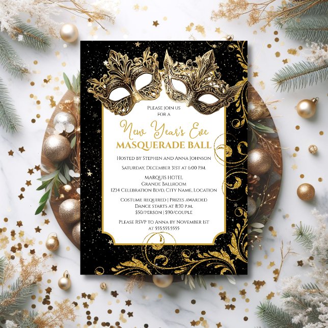 Invitación de Baile de Máscaras de Nochevieja de O (Host your next NYE masquerade in elegance by sending out these gold mask masquerade ball invitations)