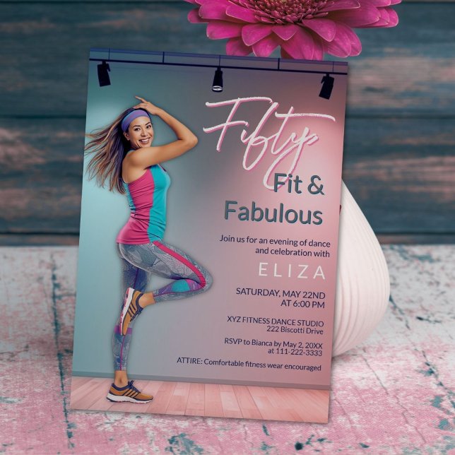 Invitación de baile Fifty Fit Fabulous (Modern Fifty Fit and Fabulous dance-inspired invitation in soft teal and blush tones)