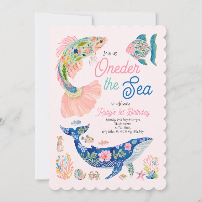 Invitación de ballena del primer cumpleaños bajo e (Anverso)