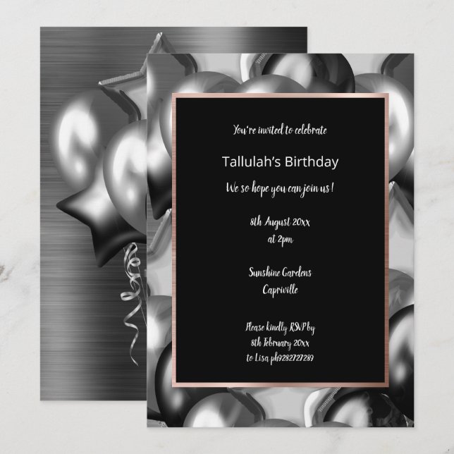 INVITACIÓN DE BALÓN METÁLICO LUXE BLACK (Anverso / Reverso)