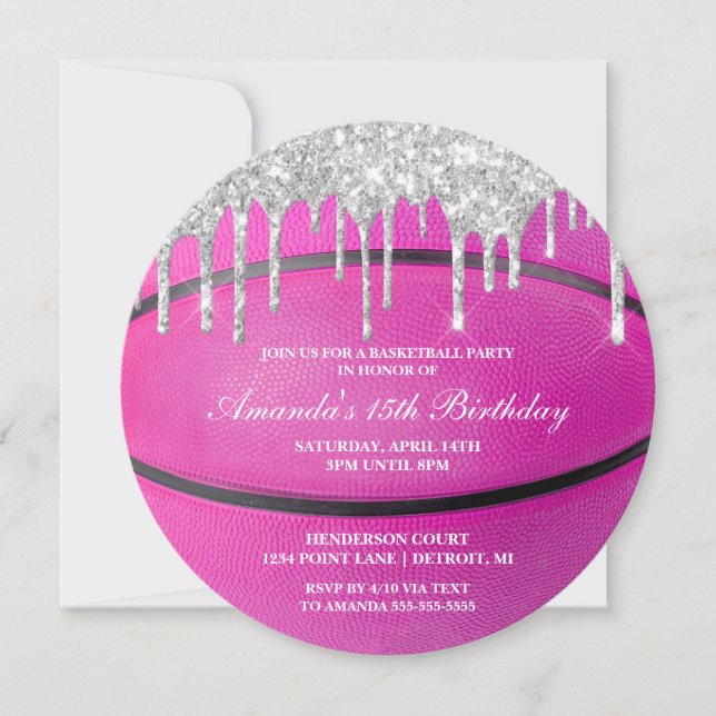 Invitación de Baloncesto Femenino Pink Silver Drip (Anverso)