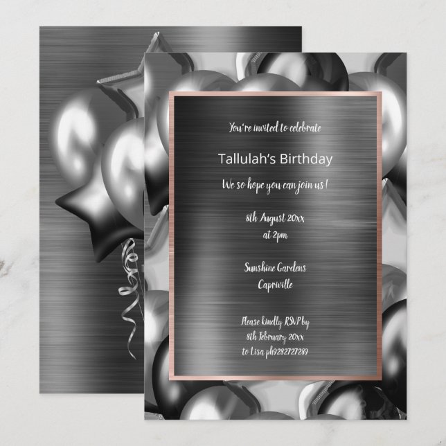 INVITACIÓN DE BALONO METÁLICO NEGRO LUXE MOODY (Anverso / Reverso)