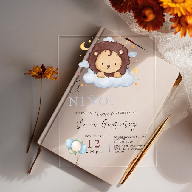 Invitación de Baño de Bebé Niño Español León Códig (Spanish Boy Baby Shower Lion Qr Code Baby Registry Acrylic Invitations)