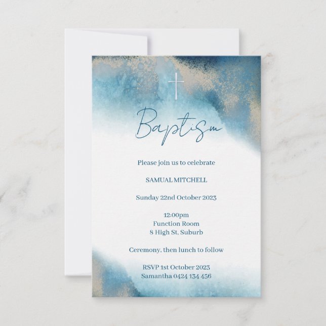 Invitación De Baptism Boy. acuarela azul y dorada (Anverso)