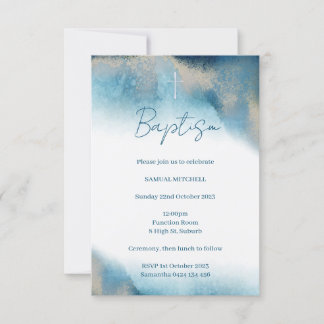 Invitación De Baptism Boy. acuarela azul y dorada