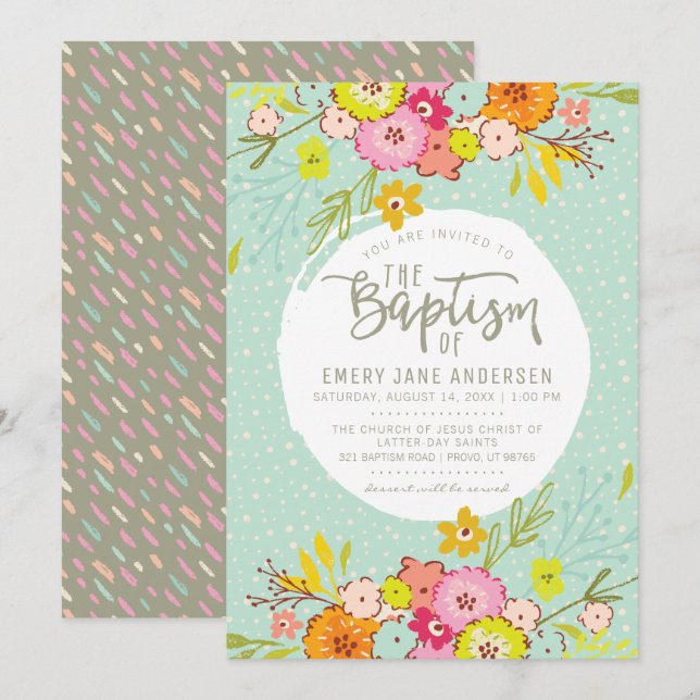 INVITACIÓN DE BAPTISMO DE LDS | Chica floral brill (Anverso / Reverso)