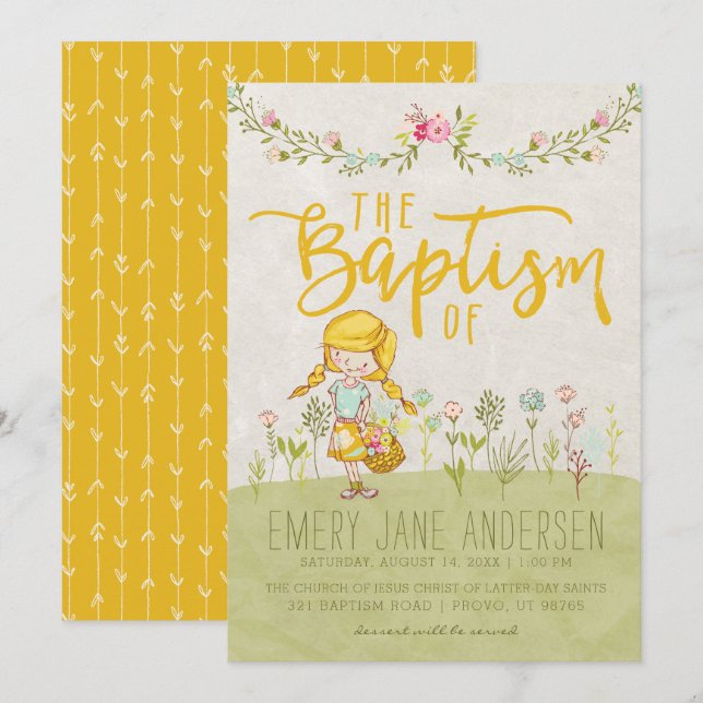 INVITACIÓN DE BAPTISMO DE LDS | Chica floral Cute  (Anverso / Reverso)