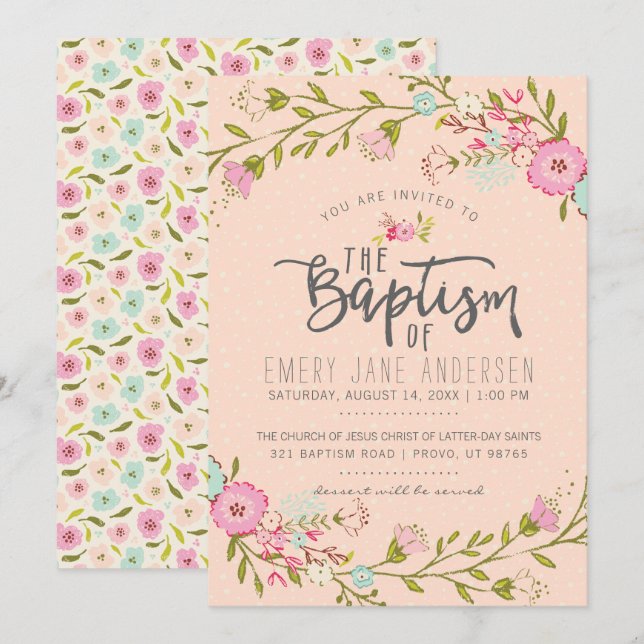 INVITACIÓN DE BAPTISMO DE LDS | Elegante Chica flo (Anverso / Reverso)