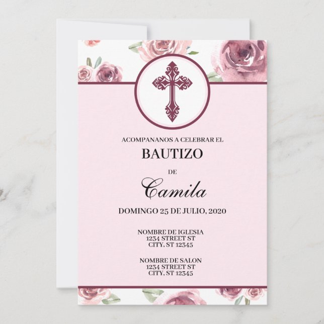 INVITACIÓN DE BAPTISMO FLORAL DE BURGUNDY (Anverso)