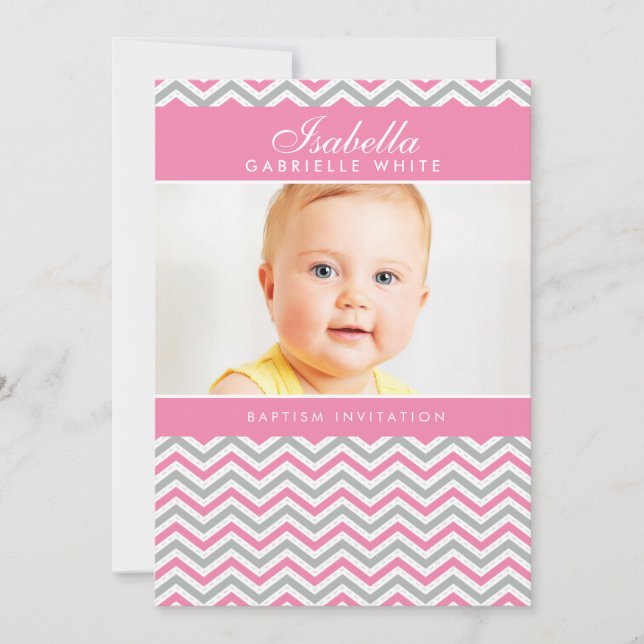 INVITACIÓN DE BAPTISMO FOTOGRÁFICO :: rosa chevron (Anverso)