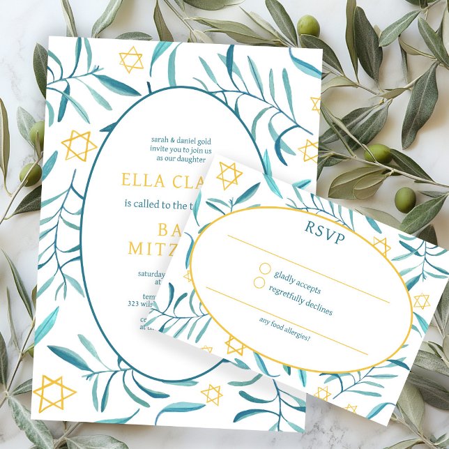 Invitación de Bar Bat Mitzvah Estelar Botánico Acu (Watercolor Botanical Star David Bar Bat Mitzvah RSVP Card
)