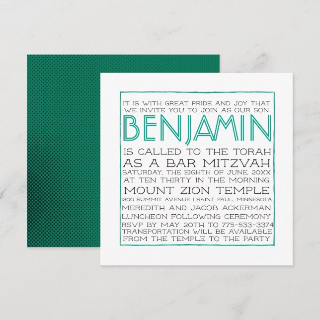 Invitación de Bar Mitzvah - 2018 Pantone Arcadia (Anverso / Reverso)