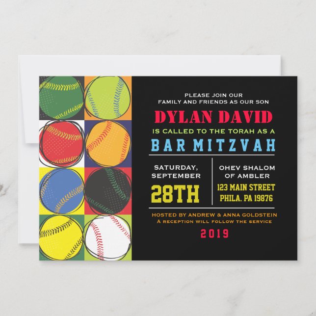 Invitación de Bar Mitzvah con temas de béisbol Ret (Anverso)