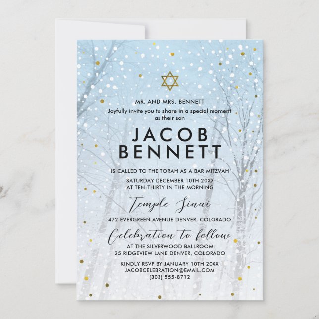 Invitación de Bar Mitzvah de invierno Bosque nevad (Anverso)