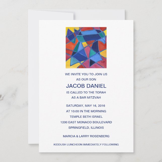 Invitación de Bar Mitzvah de la palabra hebrea Cha (Anverso)