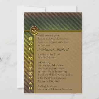 Invitación de Bar Mitzvah rayada verde oliva y mar