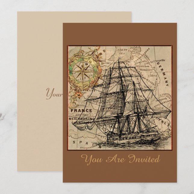 Invitación de barco y mapa vintage (Anverso / Reverso)