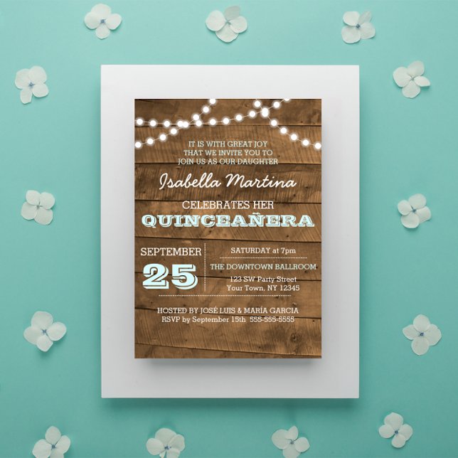 Invitación de Barnwood Luces Aqua Quinceañera (Subido por el creador)