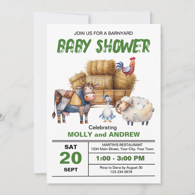 Invitación de Barnyard Baby Shower (Anverso)