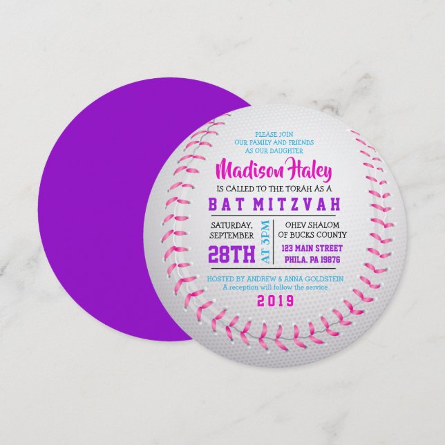 Invitación de BASEBALL ROUND CHICAS Bat Mitzvah (Anverso / Reverso)