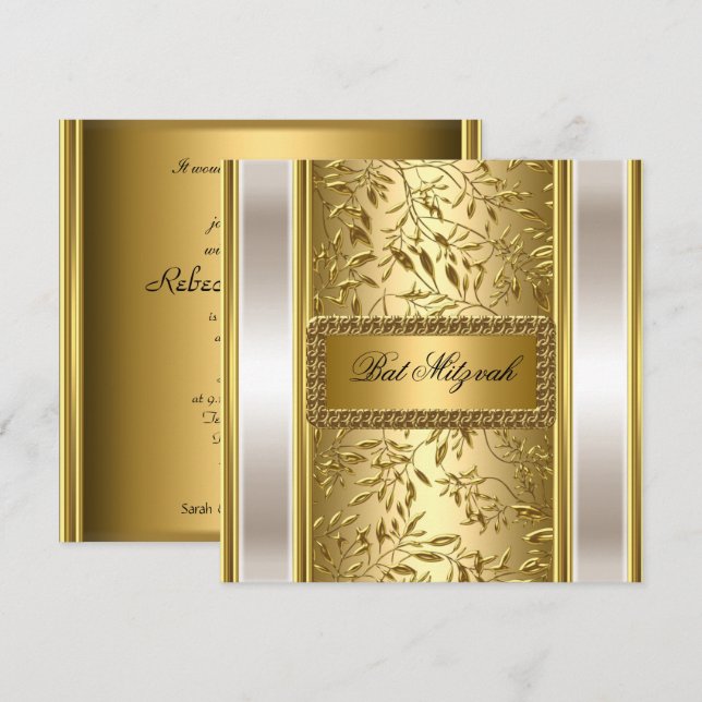 Invitación de Bat Mitzvah Art Déco de Oro (Anverso / Reverso)