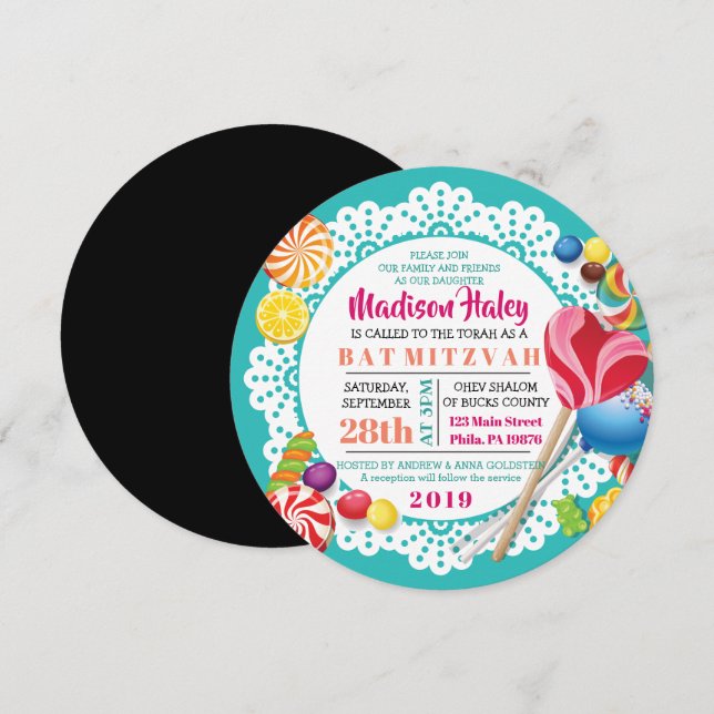 Invitación de Bat Mitzvah CANDY STORE ROUND (Anverso / Reverso)