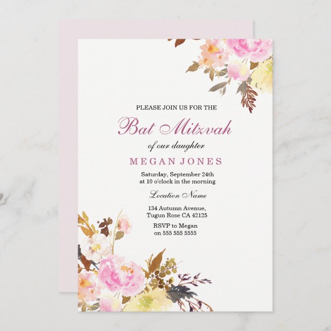 Invitación de Bat Mitzvah, Chica de Floral rosa du (Anverso / Reverso)